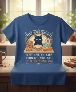 Funny cat watching snacks t-shirt design with text "Every Snack You Make Every Meal You Bake Every Bite You Take