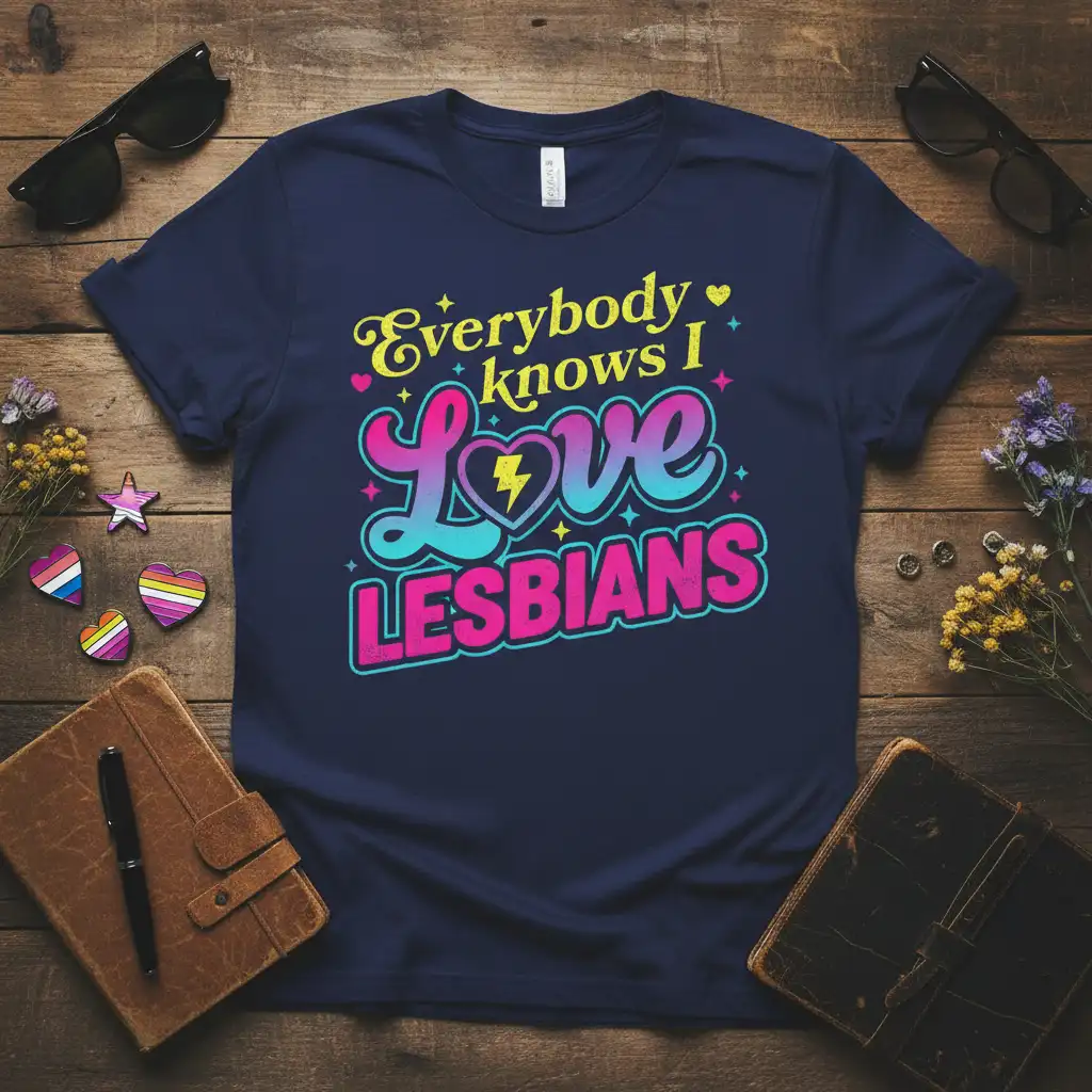 Everybody Knows I Love LESBIANS phrase with heart and lightning bolt graphic on a navy blue tee