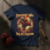 Everybody Was Pug Fu Fighting T-Shirt featuring a pug in a red gi performing a karate move with a mountain