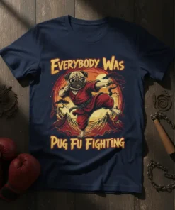 Everybody Was Pug Fu Fighting T-Shirt featuring a pug in a red gi performing a karate move with a mountain
