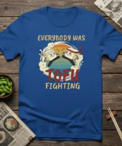 Everybody Was Tofu Fighting t-shirt with cartoon tofu characters in a fighting stance, vintage sunset background