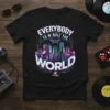 T-shirt with "Everybody To W Rule The World 80's retrovision" text and a neon retro cityscape graphic
