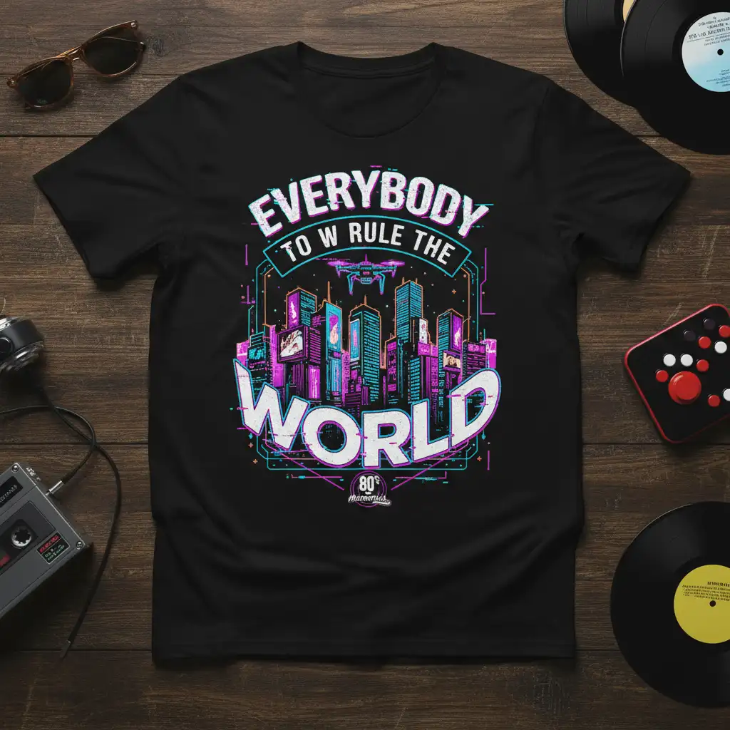 Everybody To W Rule The World 80s retrovision slogan on a t-shirt with a neon cityscape graphic