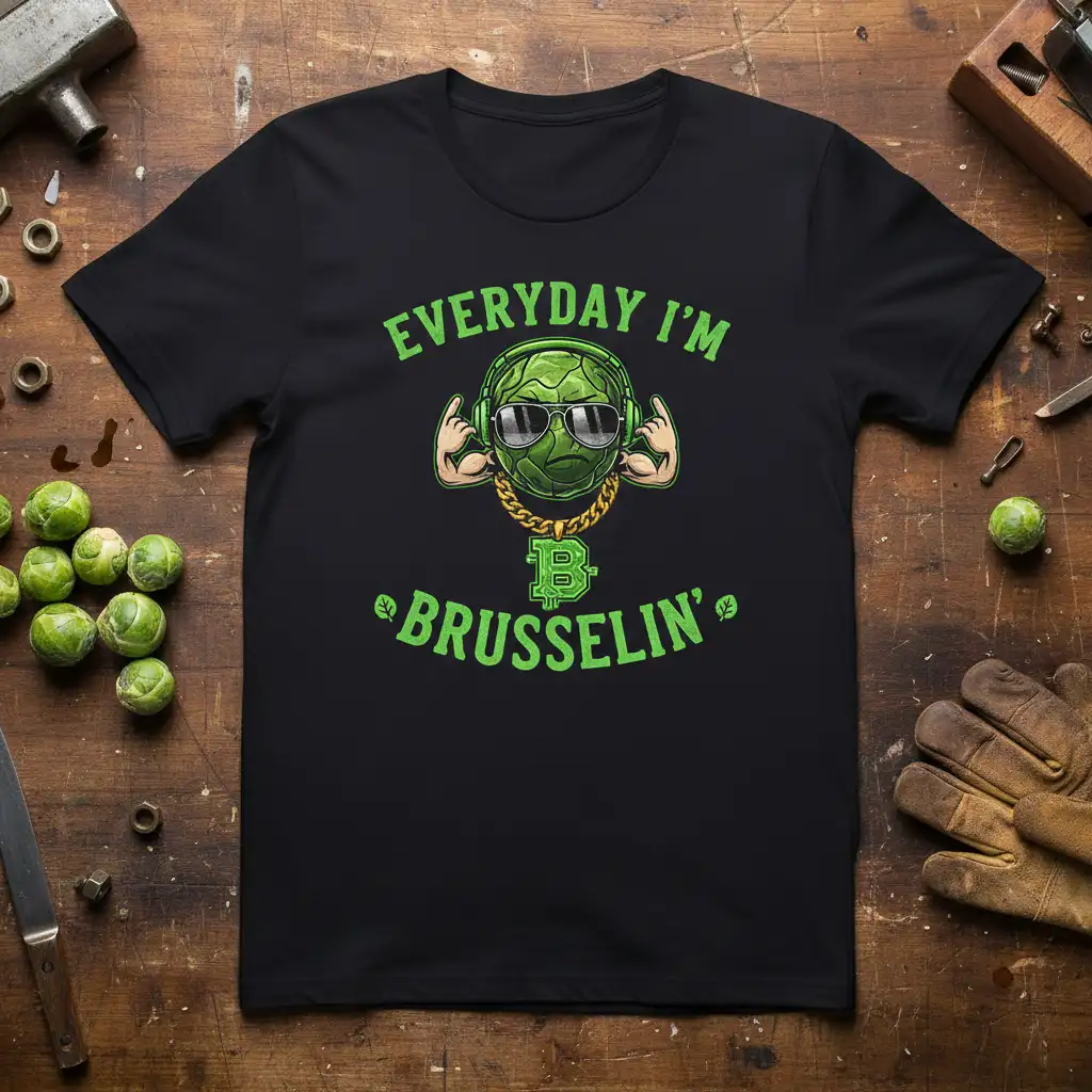 Everyday I'm Brusselsin' text with cool Brussels sprout character, Bitcoin chain, and sunglasses on black t-shirt