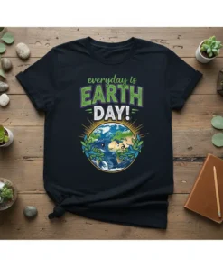 T-shirt featuring the text "everyday is EARTH DAY!" with a smiling cartoon Earth graphic, surrounded by green leaves