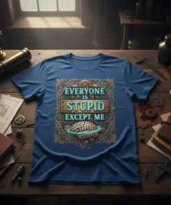 Everyone Is Stupid Except Me quote on a blue t-shirt with a brain graphic and ornate border