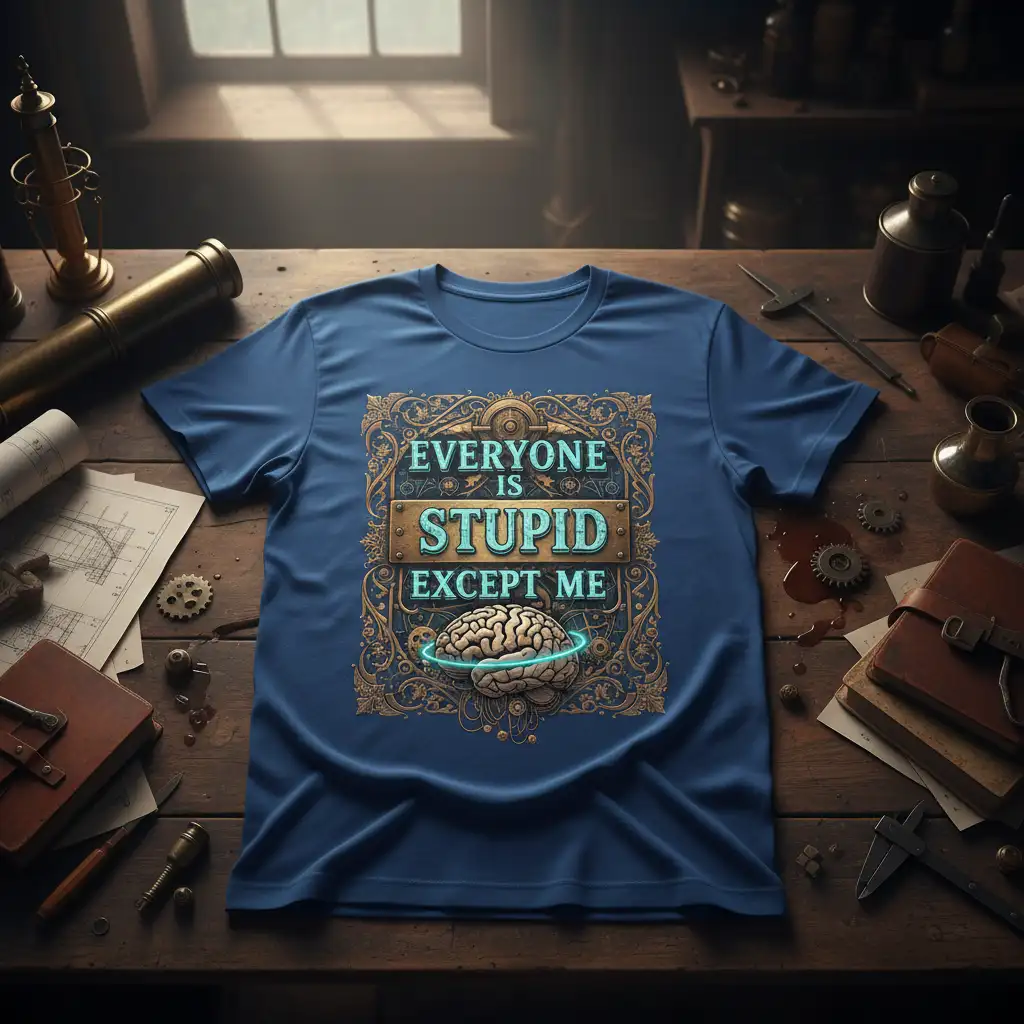 Everyone Is Stupid Except Me humorous quote design with brain graphic and ornate steampunk border