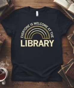 Everyone Is Welcome At The Library text with a gold rainbow graphic on a black t-shirt