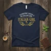 Navy t-shirt with "EVERYONE LOVES A AN ITALIAN GIRL ITALIAN GIRL" text and an outline of Italy within a laurel