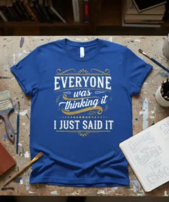 Quote design that says "EVERYONE was thinking it I JUST SAID IT" in white and gold typography on a blue