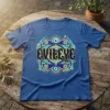 Blue t-shirt with a circular gold and turquoise evil eye design featuring the text "EVIL EYE" in gothic font