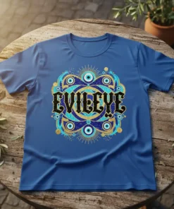 Blue t-shirt with a circular gold and turquoise evil eye design featuring the text "EVIL EYE" in gothic font