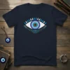 Dark navy t-shirt featuring a detailed Evil Eye symbol with blue, white, and gold geometric patterns