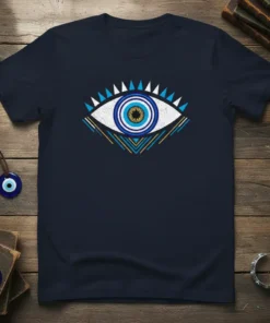 Dark navy t-shirt featuring a detailed Evil Eye symbol with blue, white, and gold geometric patterns