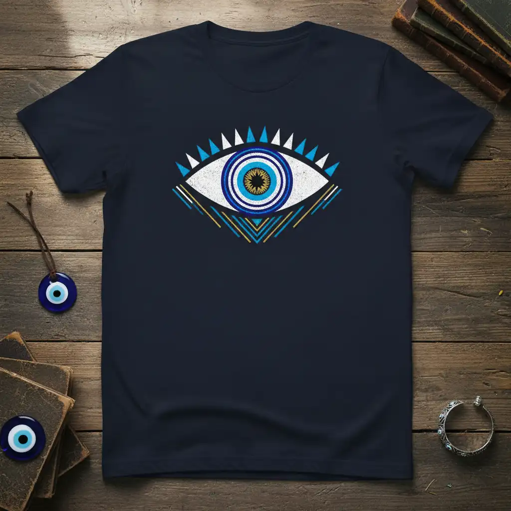 Detailed Evil Eye symbol t-shirt design with concentric blue and gold circles and sharp white triangles, set on navy fabric