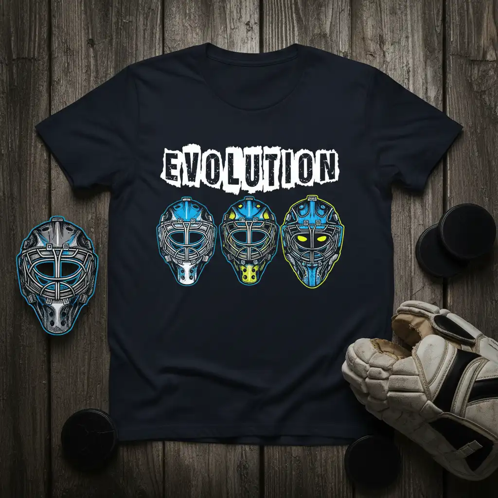 Evolution hockey goalie mask design with stylized text and three progressively detailed goalie helmets in blue and yellow tones