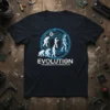 EVOLUTION PROGRESSION TO PERFECTION t-shirt with sci-fi graphic showing human evolution to robots