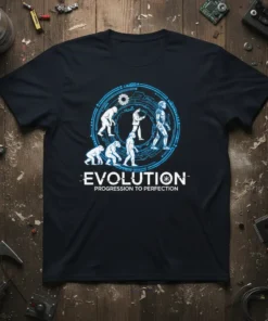 EVOLUTION PROGRESSION TO PERFECTION t-shirt with sci-fi graphic showing human evolution to robots