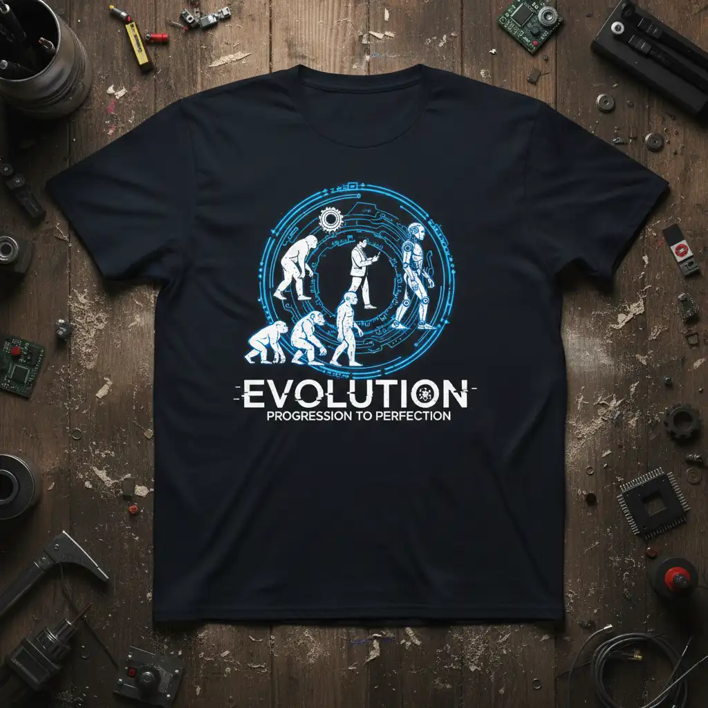 EVOLUTION PROGRESSION TO PERFECTION t-shirt graphic depicting human evolution to robotic future