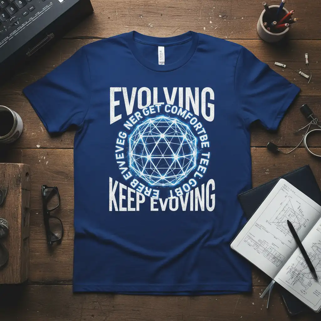 Motivational Evolving Ner Get Comfortbe T-Shirt design with intricate geometric sphere graphic and white text