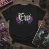 EW text design with spooky purple monsters on a black t-shirt