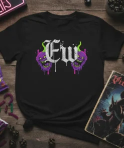 EW text design with spooky purple monsters on a black t-shirt