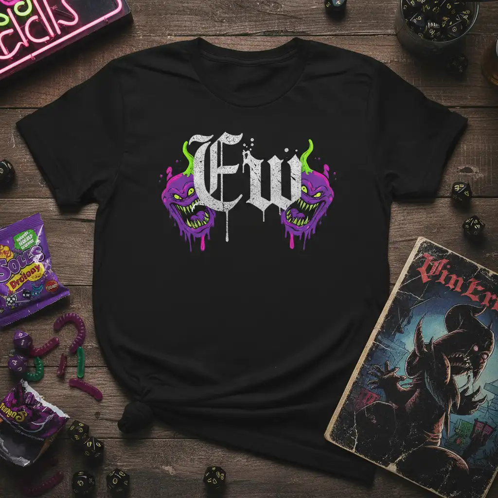 EW gothic text with dripping purple monsters graphic on black tee
