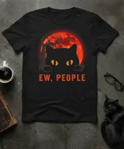 Black t-shirt with a black cat peeking over the text "EW, PEOPLE" against a spooky orange moon background with bats