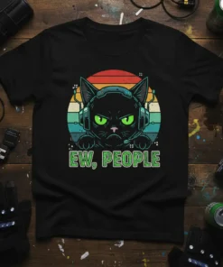 Ew, People t-shirt design with a black cat wearing headphones and a grumpy expression, text below