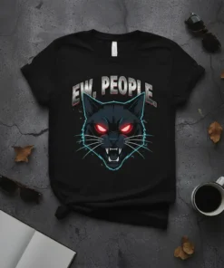 Ew. People. T-Shirt with a black cat graphic and glowing red eyes, featuring distressed typography