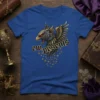 Royal blue t-shirt with 'ew,pesents' text and a fierce griffin graphic surrounded by gold crowns