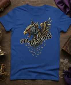 Royal blue t-shirt with 'ew,pesents' text and a fierce griffin graphic surrounded by gold crowns