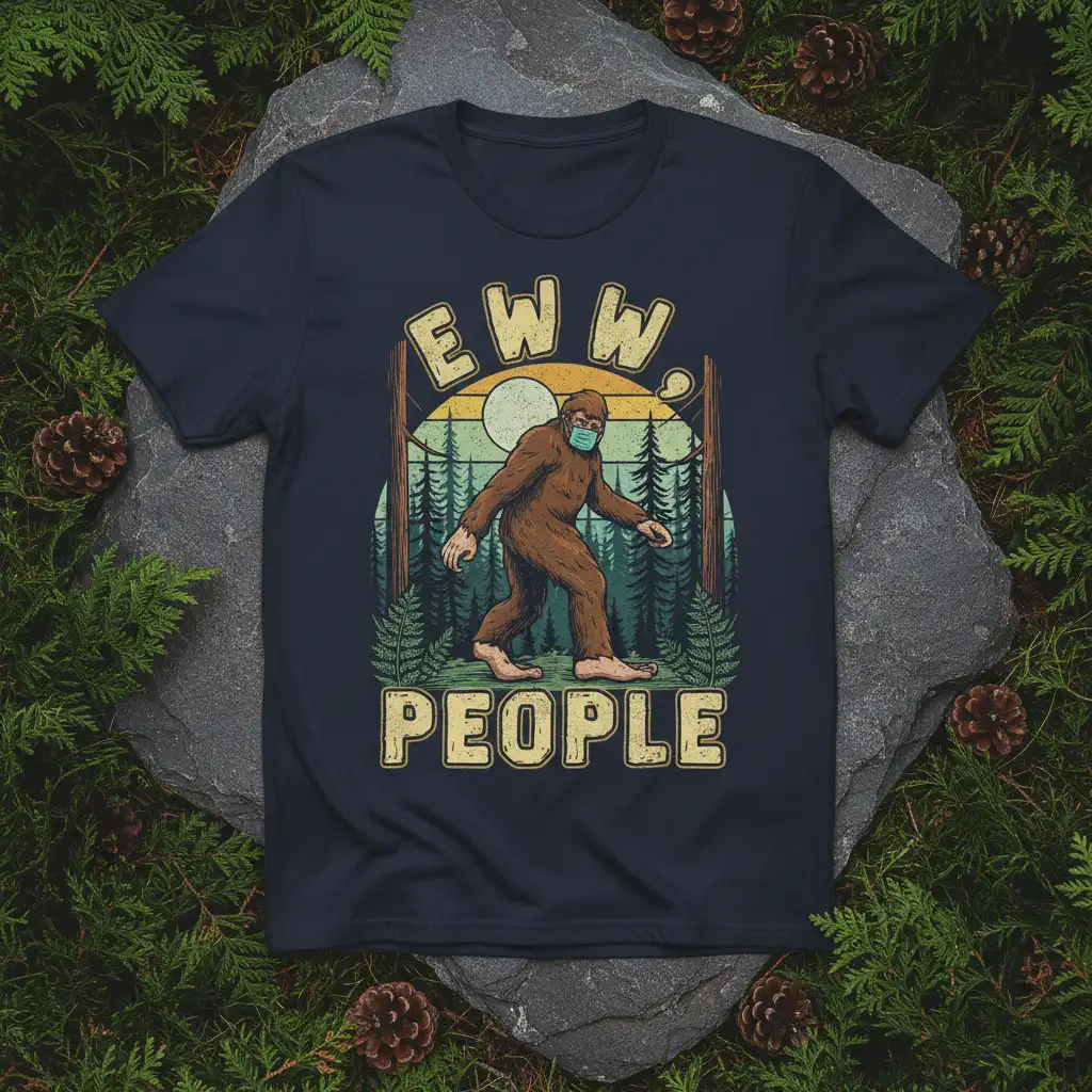 Eww People Bigfoot T-Shirt with humorous Sasquatch design in a forest setting