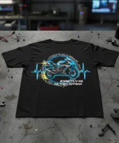 Motorcycle heartbeat graphic t-shirt with "Exactly As They Appear" text, featuring a sportbike within a circular design