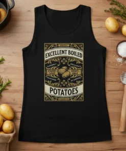 Excellent Boiled Potatoes vintage design t-shirt with ornate border and potato graphics