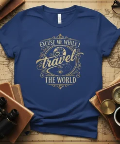 Excuse Me While I Travel The World t-shirt with vintage globe graphic and compass details