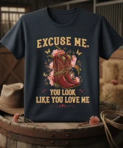 Excuse me, you look like you love me quote with red cowboy boots and pink flowers on a dark t-shirt