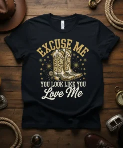 Excuse Me You Look Like You Love Me t-shirt with golden cowboy boots and starbursts design