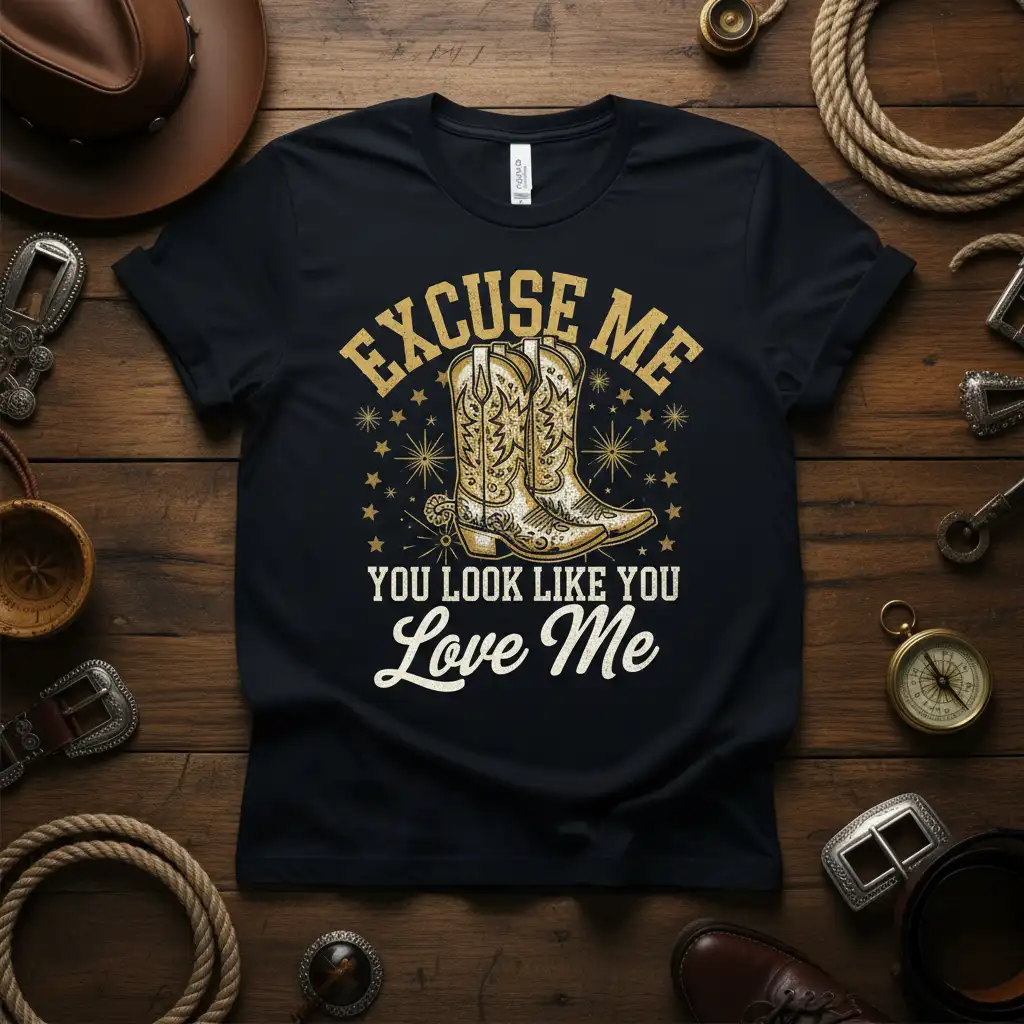 Excuse Me You Look Like You Love Me quote on a t-shirt with detailed cowboy boot graphic and starry accents