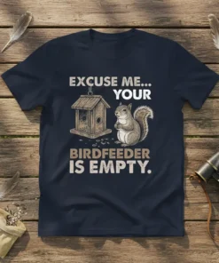 Excuse Me Your Birdfeeder Is Empty t-shirt design with a squirrel and bird feeder graphic