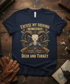 Excuse My Driving I Was Looking For Deer And Turkey quote t-shirt with ram skull and shotguns graphic