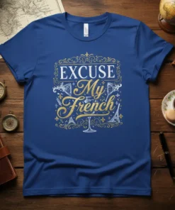Excuse My French quote t-shirt with Parisian graphics and gold lettering