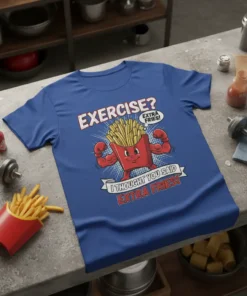 Blue t-shirt with "EXERCISE? EXTRA FRIES! I THOUGHT YOU SAID EXTRA FRIES!" text and a muscular french fry cartoon character