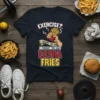 Black t-shirt with "EXERCISE? I THOUGHT YOU SAID I THOUGHT YOU SAID EXTRA FRIES" text and hand holding french fries