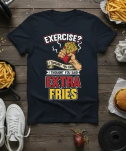 Black t-shirt with "EXERCISE? I THOUGHT YOU SAID I THOUGHT YOU SAID EXTRA FRIES" text and hand holding french fries