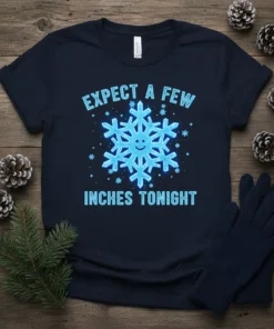 Expect A Few Inches Tonight humorous snowflake graphic t-shirt, featuring a smiling blue snowflake and playful text
