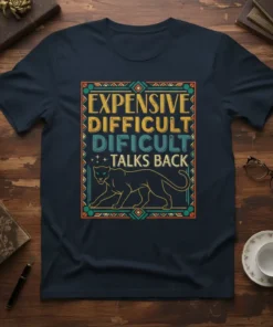 EXPENSIVE DIFFICULT DIFFICULT TALKS BACK creative graphic design printed on comfortable cotton t-shirt