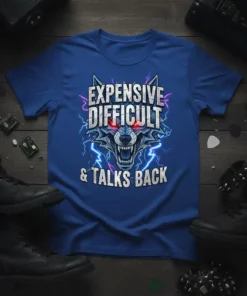Expensive Difficult & Talks Back T-Shirt with a snarling wolf graphic and lightning effects
