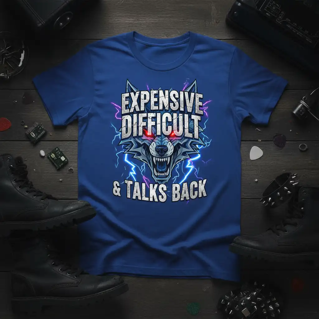Expensive Difficult & Talks Back quote on a t-shirt with a fierce wolf and lightning design