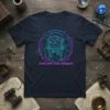 Explore The Cosmos astronaut t-shirt design with neon outline, globe, and planets